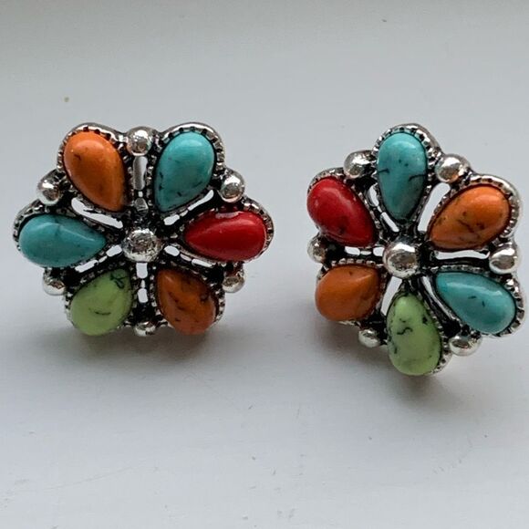 Zuni Cluster Style Studs - Turquoise Tone Western Flower Earrings - Picture 9 of 9